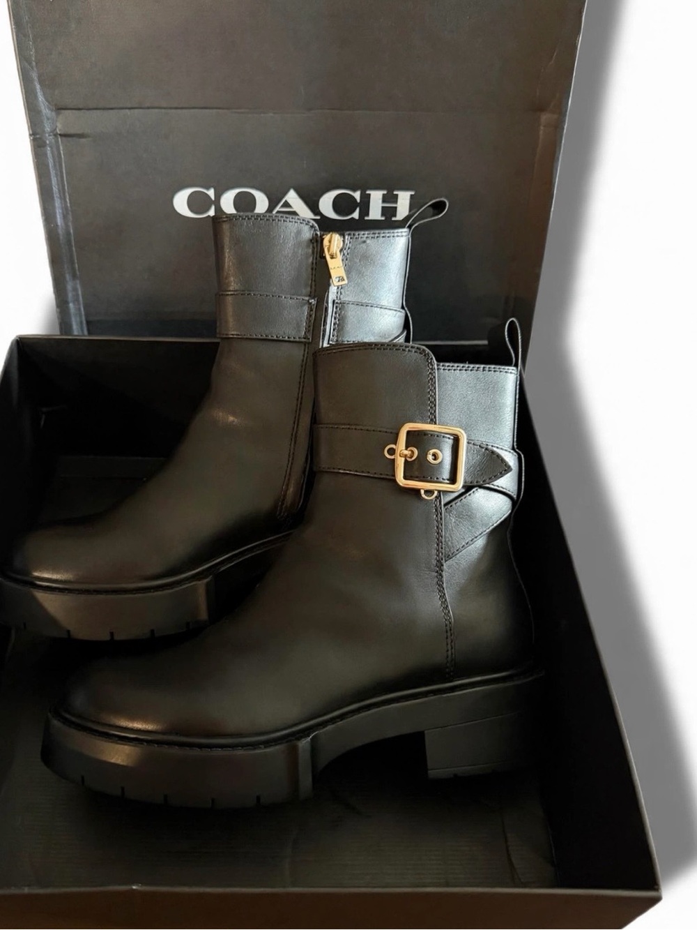 Coach LACEY- Black Leather Buckle Combat Booties with Gold Hardware